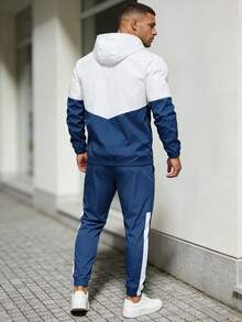 1套男士拼色連帽運動套裝，字母N印花拉鍊夾克與慢跑褲，2件式休閒運動服 - 寶藍色 - 查看 2