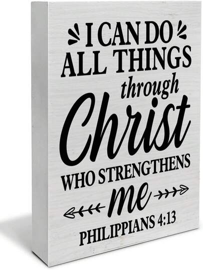 Inspirational Quote "I Can Do All Things Through The Bible" Decorative Wooden Box Label, Philippians 4:13, Wooden Block Plaque, Farmhouse Christian Family Office Bookshelf Or Wall Display, 5x5 Inches