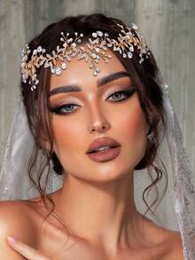 1pc Shiny Bridal Headband With Full Rhinestone Alloy Leaf Design, Women's Hair Accessory For Wedding, Party, Celebration, Ball Dress Up - Gold - View 2