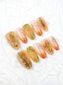 10Pcs Almond Press On Nails, 3D Embossed Vintage Autumn Floral Branch Transparent Nude Full Cover False Nails - 彩色 - 查看 2