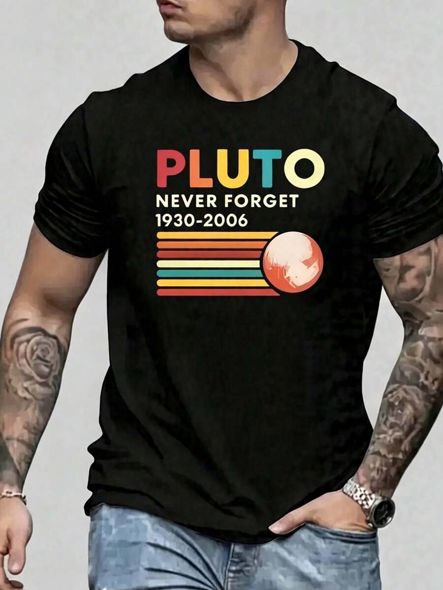 Camiseta informal juvenil algodón suave para hombre, gráfico espacio retro con dibujo Plutón multicolor, corte holgado básico, paseos ciudad reuniones, primavera verano