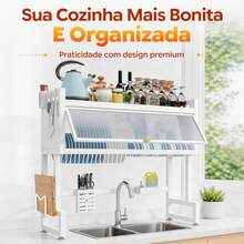 Sing-e Escorredor de Louça Suspenso  Andares – Ajustável 65-105cm, com Porta Retrátil e 5 Acessórios, Organizador de Pia em Aço Antiferrugem - 95cm Branco (Conjunto) - Visão 9