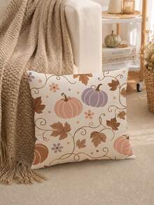 MEMNUN 1pc Pink Purple Vine Autumn Leaf Small Pumpkin Waffle Pillowcase 45*45cm Made Of Polyester Material Simple Line Autumn Fruit And Floral Print Cushion Cover Single-Sided Print Hidden Zipper Polyester Decorative Pillowcase Without Pillow Insert Living Room, Sofa, Bedroom, Car Home Decor - Multicolor - View 8