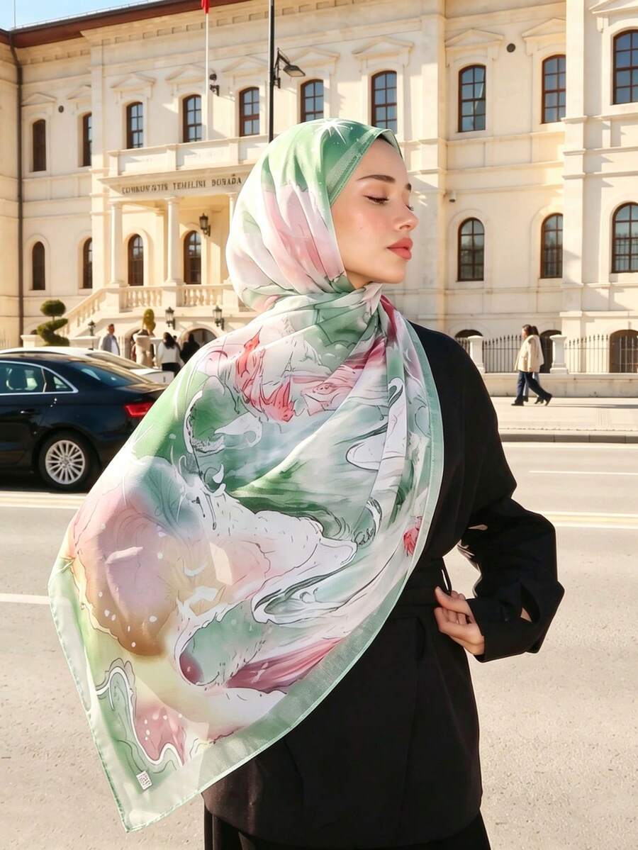 1件女款夢幻雲海印花希賈布,印花希賈布,粉色與綠色寬邊波希米亞風,適合日常穿著 - 彩色 - 查看 1