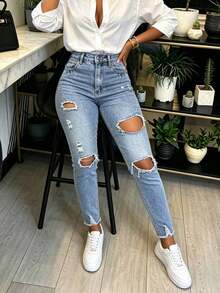 Elegant Ripped Tapered Denim Jeans For Women Light Wash, Raw Hem, And Pockets, Ideal For Fall Outfits - Light Wash - View 3