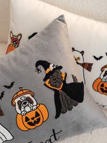 1pc Halloween Grey Ghost/Pumpkin Dog Embroidered Pillow Case, Halloween Trick Or Treat Pillow Cover, Suitable For Indoor Decoration, Ghost Festival Decor, All-Season Pillow Case, Without Insert - Grey - View 5