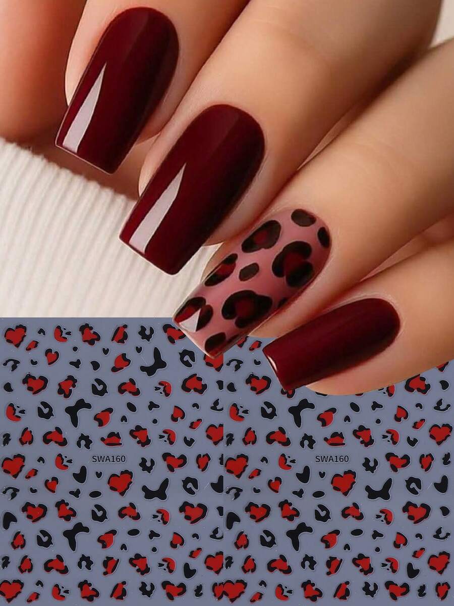 2 Peças Adesivos de Unha 3D Coração Vermelho Estampa de Leopardo, Padrão de Coração com Manchas de Leopardo Preto, Decalques de Unha Autoadesivos, Decoração de Arte de Unha Gótica Doce Selvagem Y2K Legal, Adequado para Suprimentos de Unha DIY de Outono - Multicolorido - Visão 1