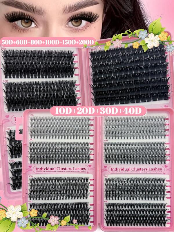 Este set de gran capacidad incluye 640 o 512 racimos de pestañas, que cubren desde 10D hasta 200D con 10 especificaciones diferentes, creando una variedad de looks desde naturales hasta ultra voluminosos, reutilizables y adecuados para cualquier ocasión