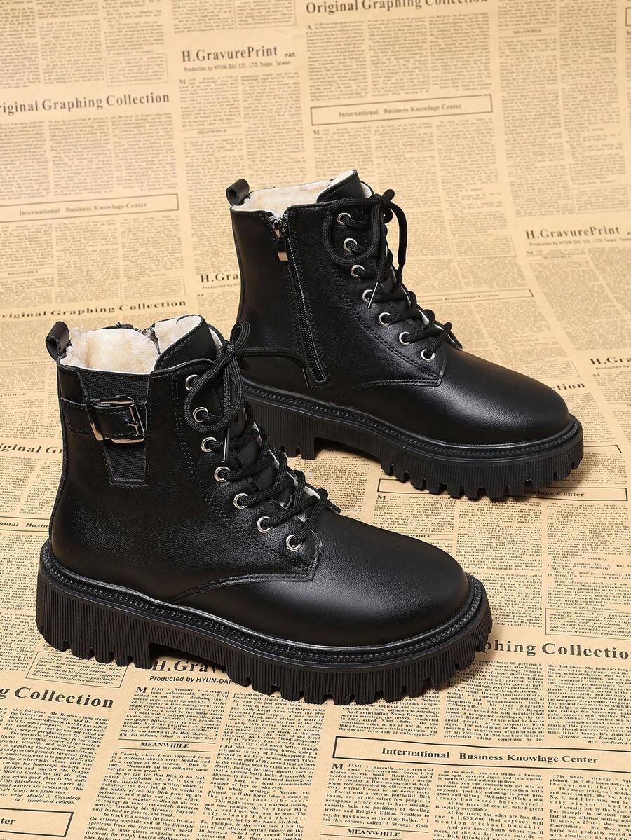 Zapatos de mujer nuevos para otoño/invierno 2026, botas cálidas para mujer, zapatos casuales versátiles y de moda para mujer, botas de tobillo planas, botas con cordones y cremallera - Negro - Ver 1
