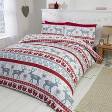 Scandi-Inspired Red Brushed Cotton Duvet Cover Set – Reversible Nordic Reindeer & Knit Mittens Design | Soft, Warm & Cozy Feel | Button Closure For Secure Fit | Includes 1 Pillowcase | Machine Washable For Easy Care | Available In Single, Double, Kin - Red - View 3