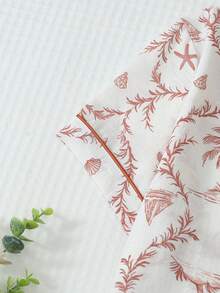 2pcs Women's Comfortable Coconut Tree & Boat Print Short Sleeve Collared Top And Bow Shorts Pajama Set, Spring/Summer - Burgundy - View 6
