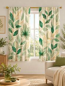 2pcs Watercolor Green Leaf Print Decorative Curtains, No-Drill Rod Pocket Design, Easy Installation & Removable, Polyester Material, Suitable For Living Room, Bedroom, Bohemian Nordic Modern Home Decor - Multicolor - View 9