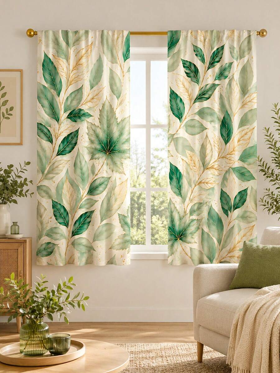 2 Peças Cortinas Decorativas com Estampa de Folha Verde em Aquarela, Design de Bolso para Vara Sem Furos, Instalação Fácil e Removível, Material de Poliéster, Adequado para Sala de Estar, Quarto, Decoração de Casa Boêmia Nórdica Moderna - Multicolorido - Visão 1