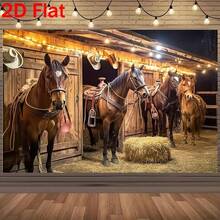 2D平面橫幅背景布 1件裝，西部牛仔馬廄主題，包含乾草捆、馬鞍與牛仔帽，聚酯纖維材質，適合生日派對使用，無需電力 - 1 - 查看 4