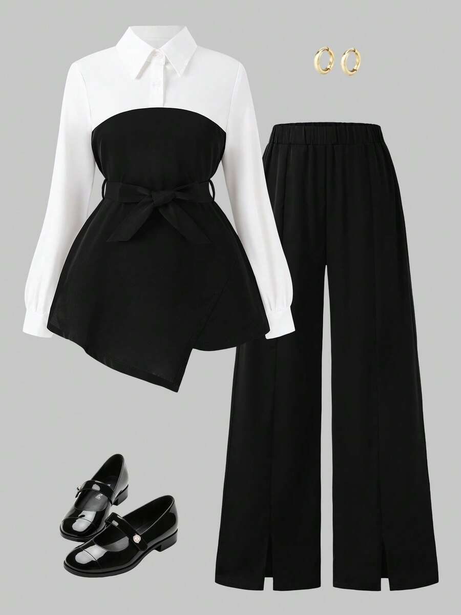 Autumn Girls Fashion Elegant Colorblock Shirt And Straight Leg Slit Pants 2 Pieces Set - Black - View 1