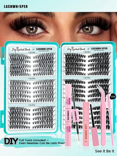 Kit Completo DIY de Racimos de Pestañas 600Pzs - Pestañas Postizas Individuales Curva D 9-16mm Mezcla 30D 40D 50D 60D 80D 100D, Banda Ultra Ligera y Suave con Pinzas, Pegamento, Removedor y Cepillos, Fácil de Aplicar