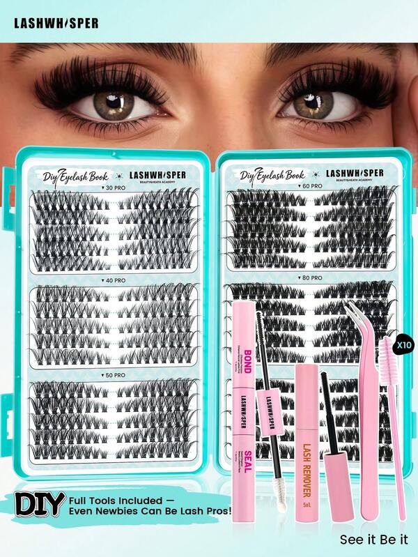 Complete DIY Lash Clusters Kit 600Pcs - D Curl Individual False Eyelashes 9-16mm Mix 30D 40D 50D 60D 80D 100D, Ultra Light Soft Band With Tweezers Glue Remover Brushes, Easy To Apply