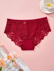 Rosiemei 1PC Plus Size Women's Sexy Burgundy Lace Panties With Floral Print - Red - View 3