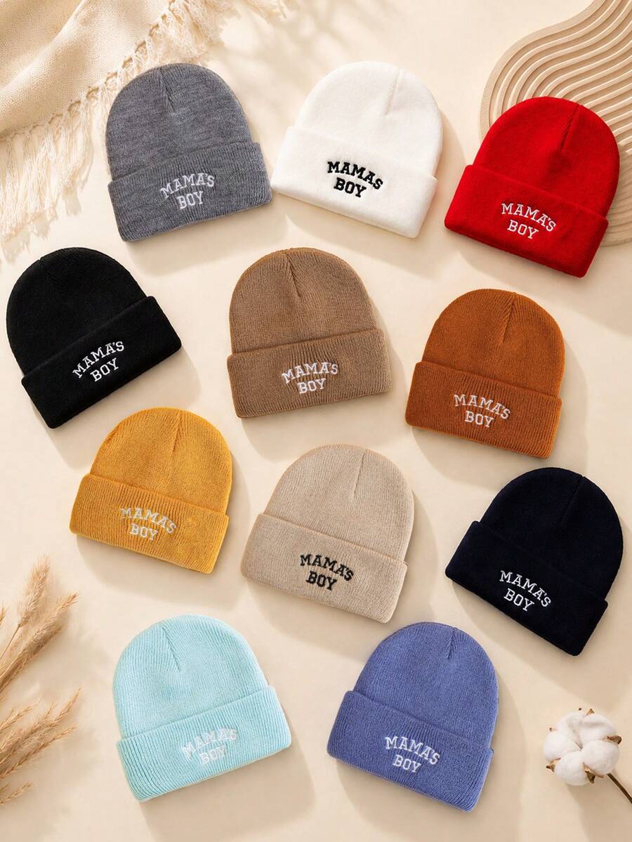 1PC Toddler "MAMA'S BOY" Embroidered Knitted Beanie Hat With Foldable Brim, Warm Elastic Winter Hat, Cute Daily Outdoor Head Protection Hat For Toddlers - Multicolor - View 1
