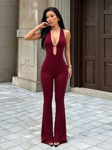 1pc Solid Color Knit Hollow Out Dress For Vacation And Daily Wear In Summer - Burgundy - View 4