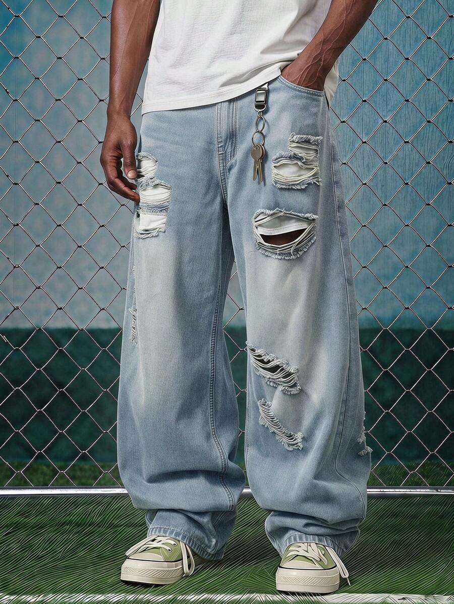 EVRINFINITE 1pc Hearty Haven Distressed American Street Style Loose Fit Wide Leg Washed Denim Jeans For Men (No Belt & Accessories) - Blue - View 1