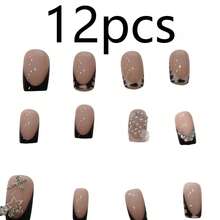 12pcs French Black & White Polka Dot Gradient Medium Length Press-On Nails, Reusable - 黑與白 - 查看 8
