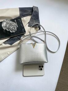 女款亮面新款水桶包，百搭小眾通勤單肩斜跨包，時尚購物手提包 - 銀色 - 查看 3