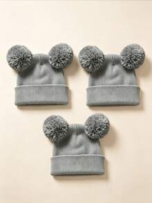 3pcs/1pc Warm Knitted Knitted Hat, Cute Plush Double Pom Pom Design, Thickened Hat Body, Suitable For Newborns - Multicolor - View 33