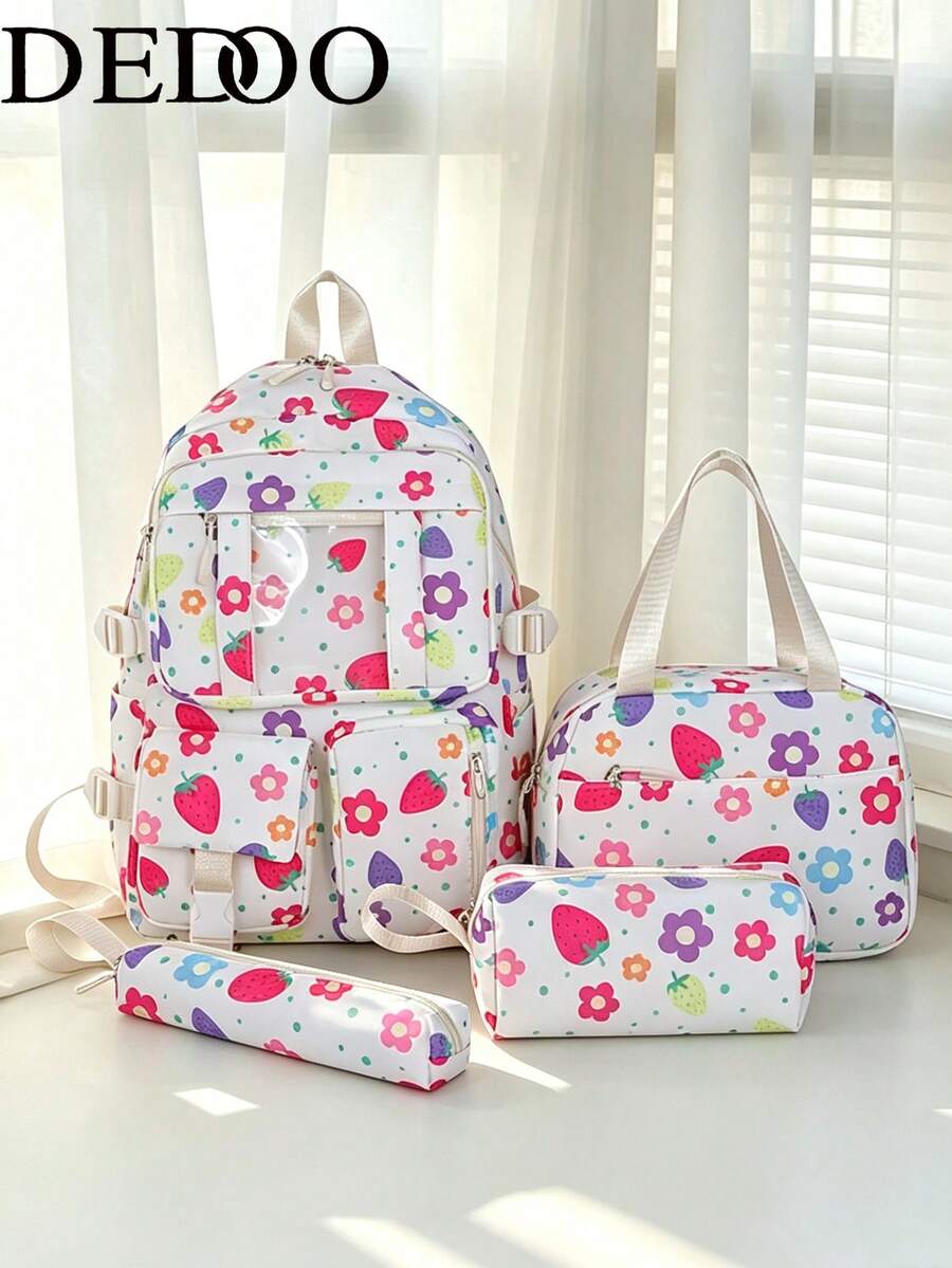 Dedoo Backpack Lunch Bag Two Pencil Cases 4Pcs,Colorful Floral Strawberry,No Pendant Clear Pocket Multi Layer Zipper Compartments,For Teen Girls SchoolDaily