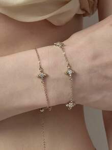 1件極簡時尚925純銀鳶尾花四花細緻女款手鍊，精緻珠寶禮物送女友，優雅 - 鳶尾花四花 - 查看 4