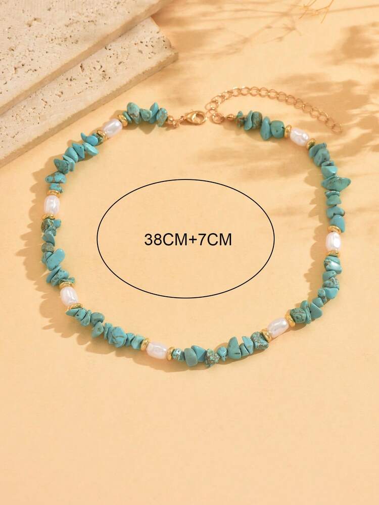 1pc Bohemian Style Fashion Versatile Crushed Stone & Faux Pearl Beaded Collarbone Necklace, Women's Jewelry Suitable For Daily Wear, Vacation And Music Festival, Random Shape, Size And Surface Pattern Of Crushed Stones, Number Of Beads Varies By Length - Multicolor - View 4