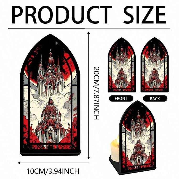 1pc 2D Flat Gothic Castle Blood Moon Bookend - Painted Acrylic Window Design, Suitable For Library, Office Decoration, Gothic Architecture Style Bookshelf End Decor, With Gemstone Tones, Adding A Fantasy Corner Accent To Your Bookshelf, 2D Flat Bookend - A - View 2