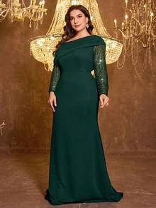 UNITHORSE Plus Size Women's Elegant Asymmetrical Shoulder Cinched Waist Evening Dress Wedding Party Fall - Dark Green - View 3