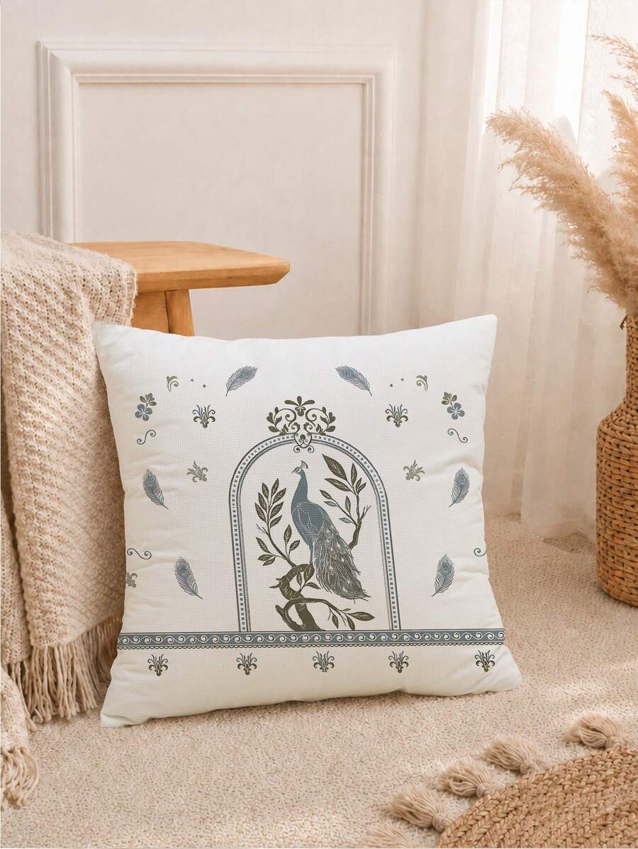 MEMNUN 1pc Vintage Peacock Waffle Pillowcase 45*45cm Made Of Polyester Material European Arch Carved Frame Blue Peacock Cushion Cover Single-Sided Print Hidden Zipper Polyester Decorative Pillowcase Without Pillow Core Living Room, Sofa, Bedroom, Car Home Decor - Multicolor - View 1