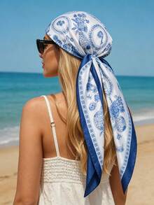 1PC Women's Fashion 90cm Square Scarf, Blue Classic Floral Digital Print, Suitable For Daily Matching With Bags, Bandana - Multicolor - View 2
