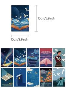 10pcs Reading Wall Decals: Postcard-Style Wall Art - 10 Pcs - View 2