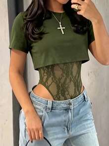 GLAMSKIN Women's Sexy 2-In-1 Short Sleeve Bodysuit, Lace Patchwork Sheer Mesh Summer Party Outfit, Casual Dating Autumn Back To School Outing Wear - Army Green - View 1
