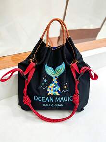 1pc New Embroidered Magic Ocean Pattern Lightweight Nylon Large Capacity Foldable Shopping Bag, Daily Commute Supermarket Shopping, Adjustable Shoulder Strap Shoulder Crossbody Tote Bag - Multicolor - View 1