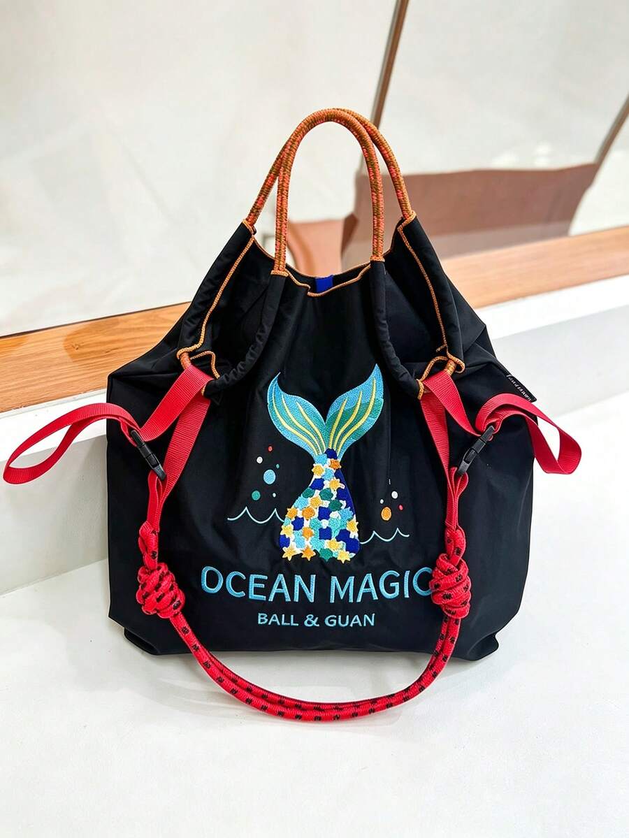 1pc New Embroidered Magic Ocean Pattern Lightweight Nylon Large Capacity Foldable Shopping Bag, Daily Commute Supermarket Shopping, Adjustable Shoulder Strap Shoulder Crossbody Tote Bag - Multicolor - View 1