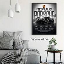 1件裝保時捷 911 黑色跑車帆布壁畫，汽車性能數據與品牌標誌海報，無框帆布印刷，適合汽車愛好者車庫、臥室、男人洞房牆面裝飾 - 911 A - 查看 2