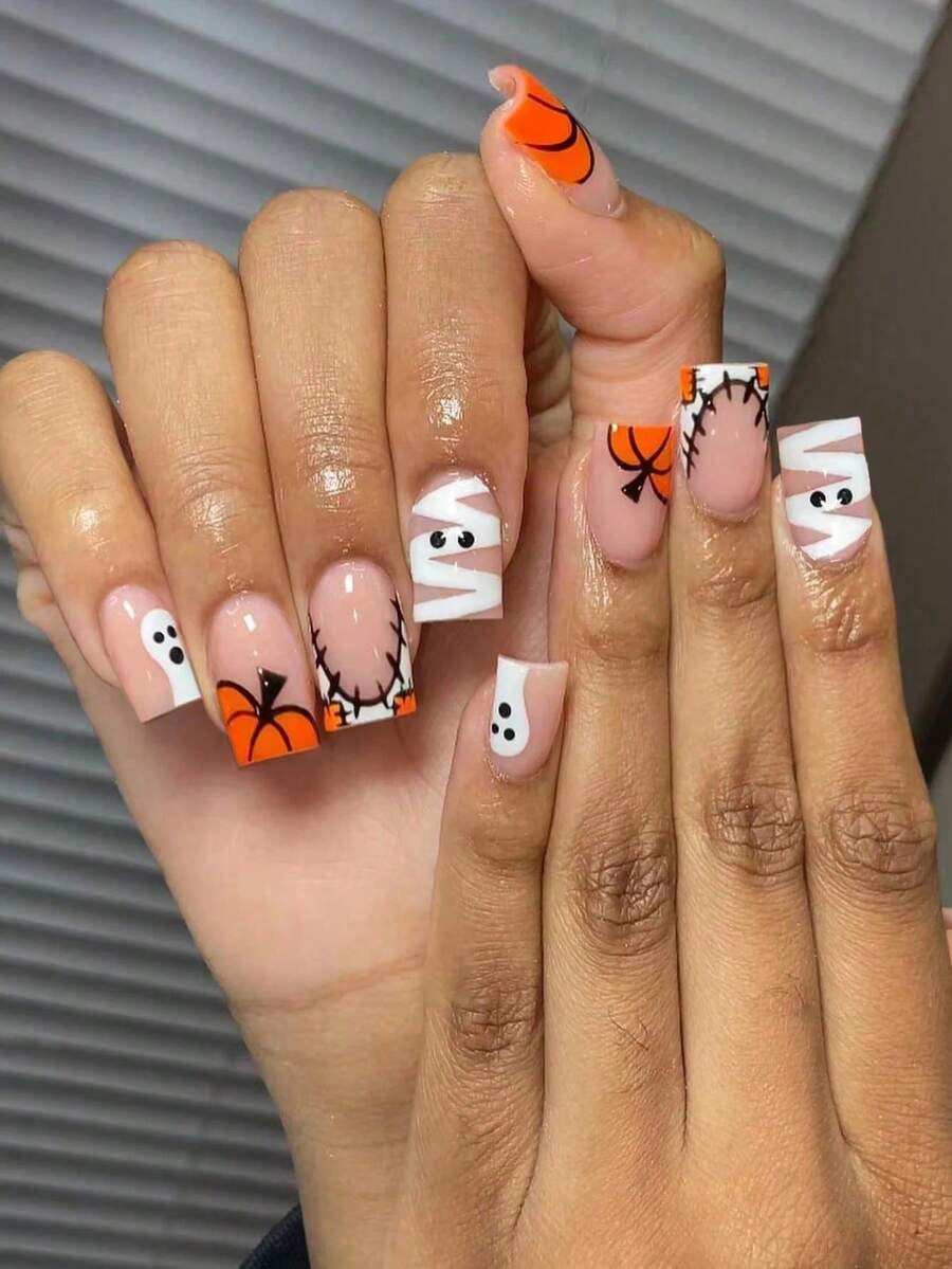 24pcs Short Square Halloween Nail Stickers, Pumpkin, Ghost, Spider Web Patterns, Includes 1pc Double-Sided Adhesive And 1pc Nail File - 彩色 - 查看 1