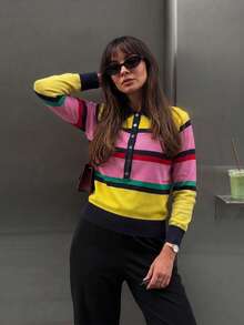 FOR BEAUTY Women's Striped Knit Polo Collar Multi-Color Long Sleeve Half-Button Cardigan Sweater, Party And Outings Fall - Multicolor - View 4