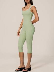 TimeOff Women's 1pc Solid Color Square Neck Thick Strap Waist-Cinching Athletic One-Piece Shorts - Green - View 7