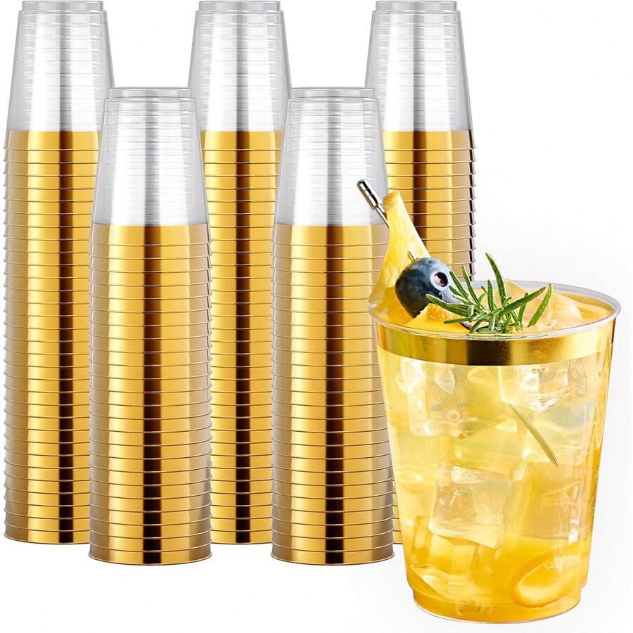 20PCS Gold Plastic Glass Cups, Portable Minimalist Style Water Cups, Striped Glass Cups, Reusable High-Quality Coffee And Juice Cups, Multi-Functional Beverage Containers, Perfect For Home, Office, Parties And Various Occasions, Suitable For Coffee, Tea, Whiskey, Milk, Iced Americano And Latte - Gold - View 1