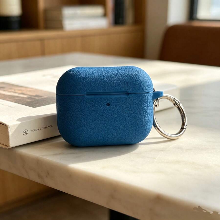 1pc Solid Color Silicone Earphone Case Compatible With AirPods Protective Cover - Lychee Grain Lake Blue - View 1