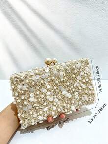 Women's Evening Clutch, Rectangular Hard Frame Bag, Beaded & Round Sequin Lace Covered Pattern, Suitable For Wedding, Ball, Bridal Party - Gold - View 6