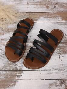 Women's Black Multi-Strap Toe Flat Sandals, Minimalist Open Toe Summer Casual Daily Outdoor Slippers - Black - View 7