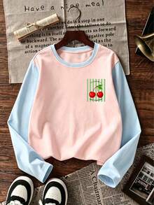 Tween Girl 1pc Printed Long Sleeve T-Shirt, Suitable For Tween Girls' Autumn/Winter Top, Young Student Children's Clothing, Suitable For Outerwear And Layering - Baby Blue - View 5