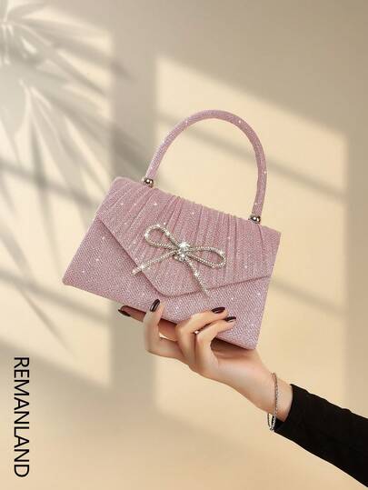 REMANLAND 1pc Shiny Elegant Rhinestone Bow Pleated Women's New Handbag, Fashionable Glamorous Women's Evening Clutch, Envelope Small Square Bag With Hidden Card Slot Compartment, Detachable Metal Chain Shoulder Bag, Suitable For Party Girls, Brides, Perfect Holiday Gift