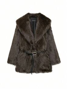 Lapel Tie Faux Fur Mid-Length Coat - Brown - View 9